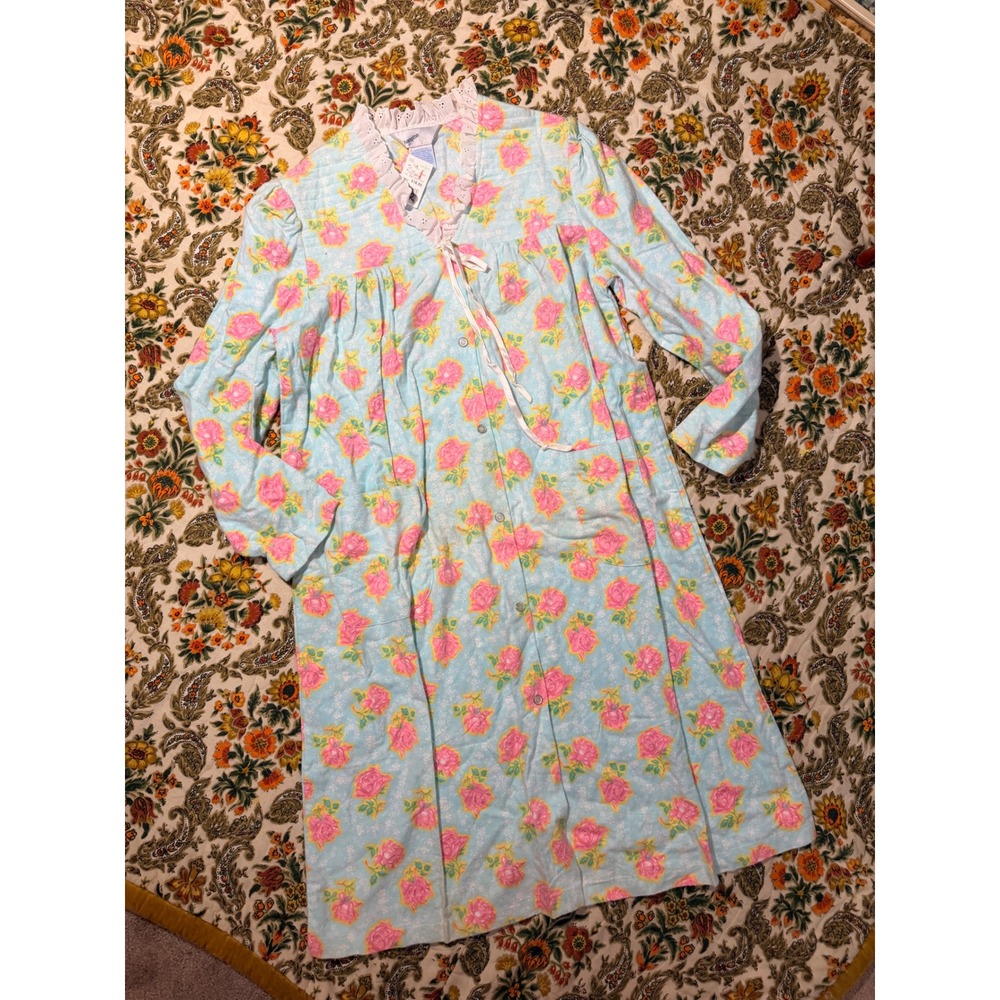 Vintage 90s deadstock Blue Pink Floral 100% Cotton nightgown Robe Lace Trim M